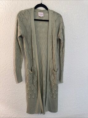 Pink Rose Long Open-Front Cardigan in Sage Green